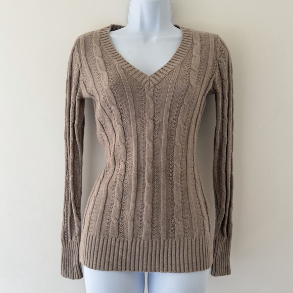 Beige Cable Knit Sweater V Neck Fitted Long Sleeve Cotton Ribbed Y2K Preppy XS - Picture 1 of 11